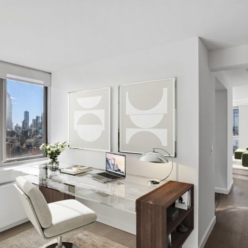 Workspace with a desk and windows Workspace with a desk and windows