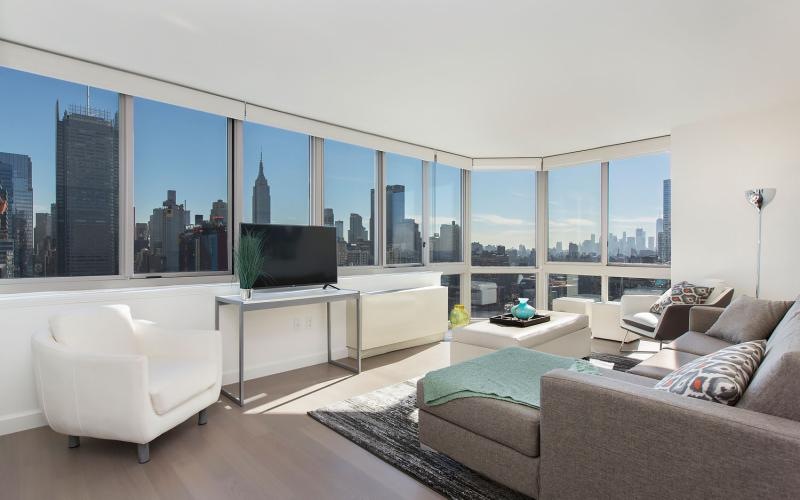 a living room with a large window
